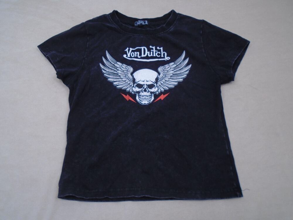 Womens Von dutch Skull wings graphic T shirt Black Moto Biker Size XL